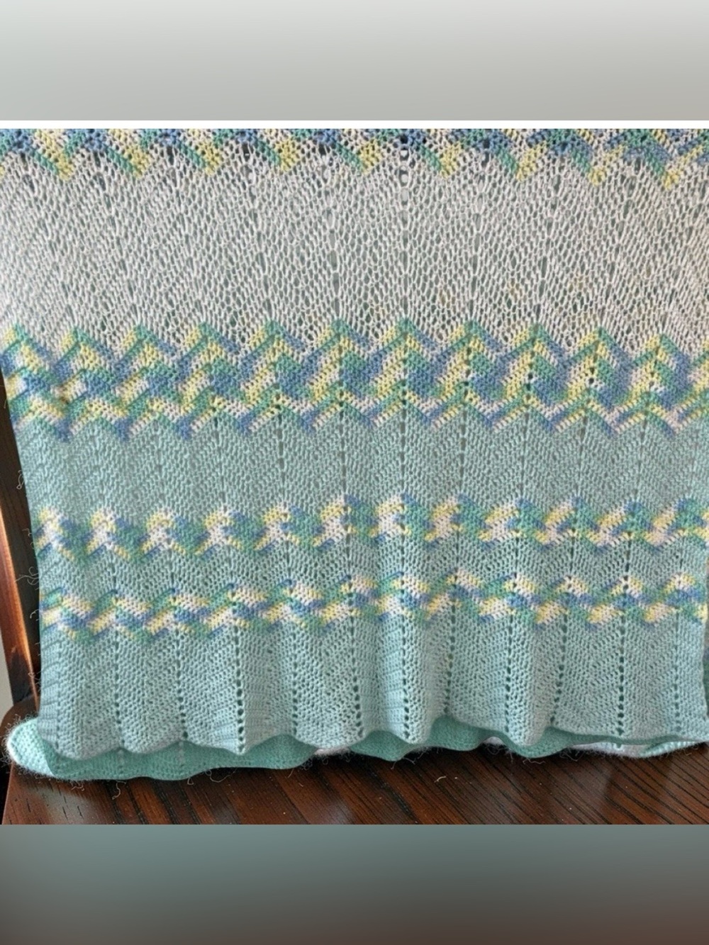Handmade Pastel Chevron Throw Blanket - Blue & Green Ripple Knit Afghan